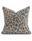Square brown cheetah print pillow in tan, blue, and brown from Bungalow Furniture & Accessories.
