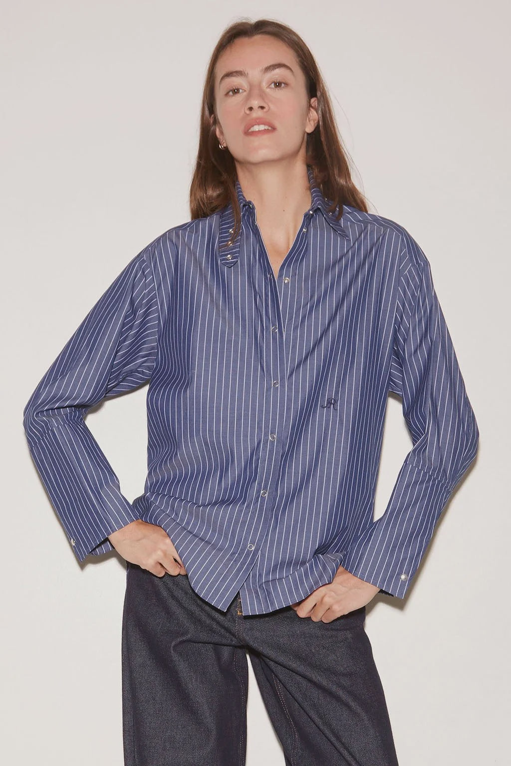 Roseanna long-sleeve pinstriped chemise shirt in blue with a stand-up collar and chest logo.