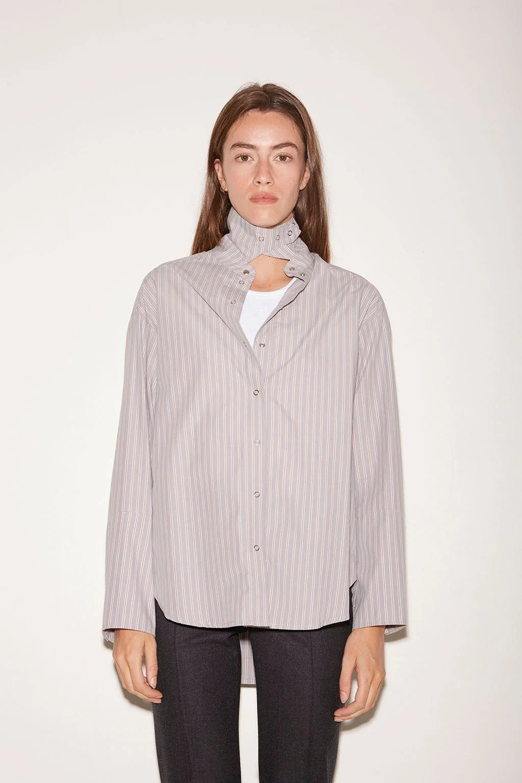 Roseanna Chemises loose-fit vertical striped shirt with an extended, snap-button stand-up collar.