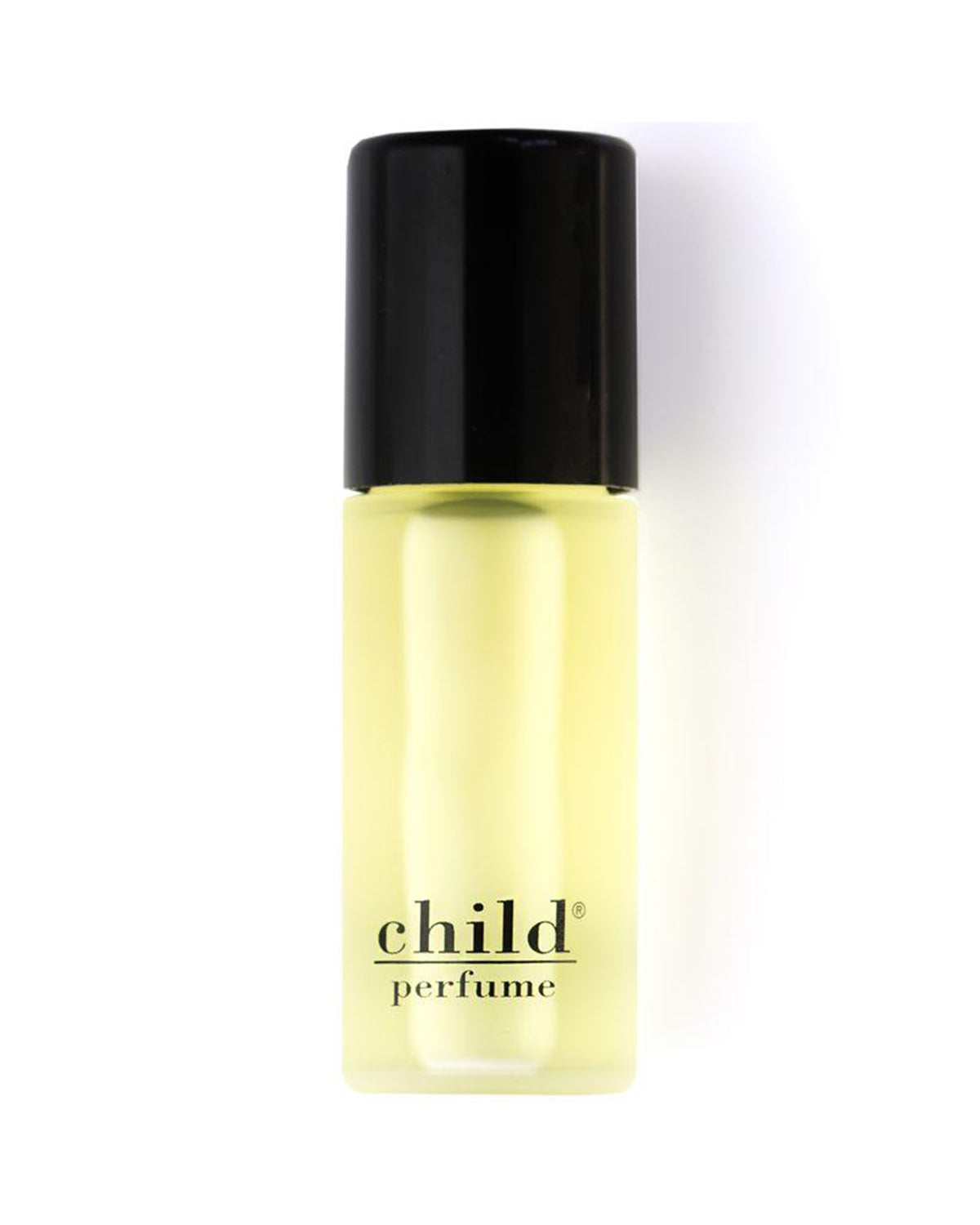 A small glass bottle of Faire Child Perfume Oil Roll with a black cap and light yellow liquid, known for its exotic white florals and artisanal blend, is displayed upright on a white background.