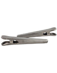 Two Faire Stainless Steel Kitchen Bag Clips are placed diagonally, one slightly overlapping the other, on a plain white background.