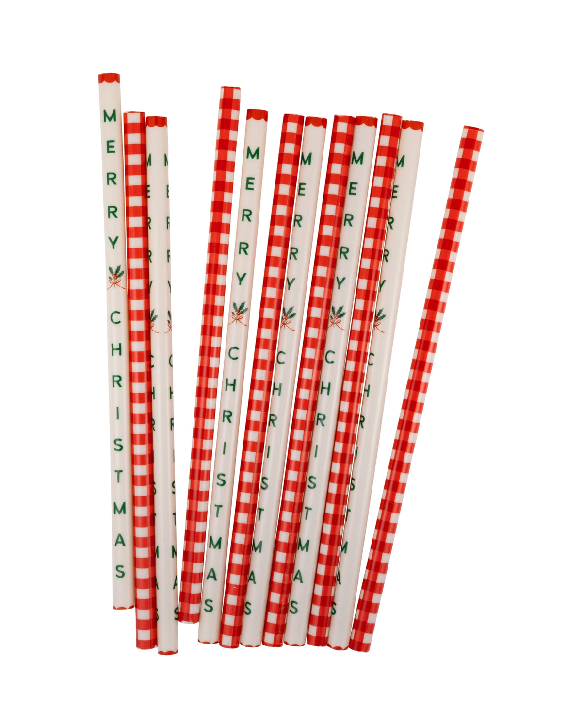 Red and white gingham reusable straws with green Merry Christmas text from Bungalow Furniture &amp; Accessories.