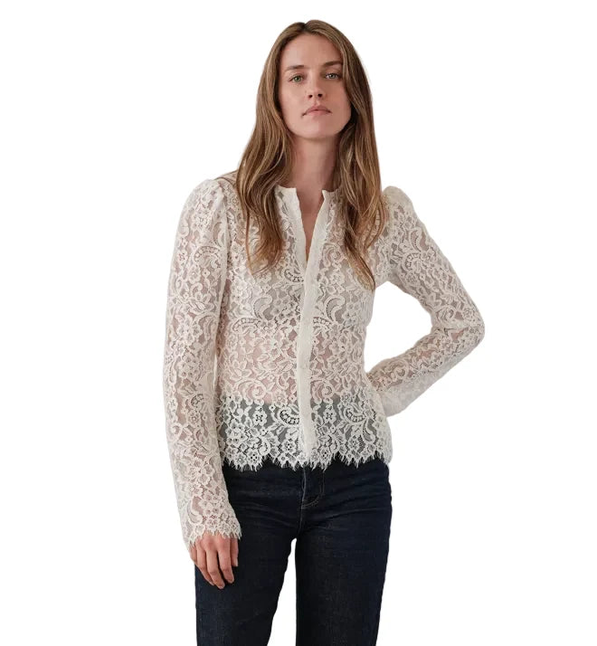 White floral lace Cissa VERONA button-down blouse paired with dark blue jeans.