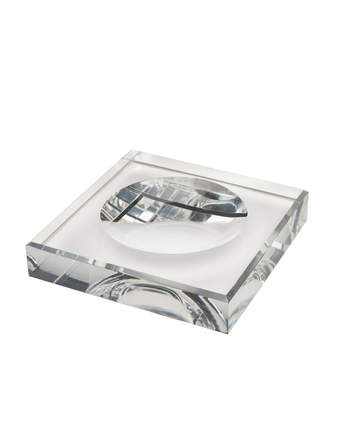 Coco Clear Acrylic Mini Dish, a square clear acrylic dish with a circular indentation from Bungalow Furniture.
