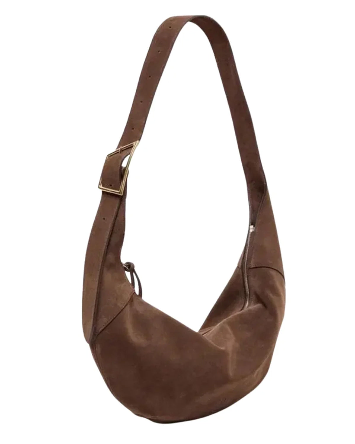 Brown suede halfmoon bag with gold buckle and thick adjustable strap by CLOSED.