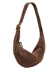 Brown suede halfmoon bag with gold buckle and thick adjustable strap by CLOSED.