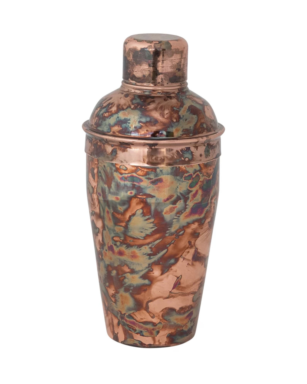 The Creative Co-op Stainless Steel Cocktail Shaker has an oxidized copper finish with blue-green marbling, a rounded lid, and a tall cylindrical shape—ideal for vintage barware enthusiasts.