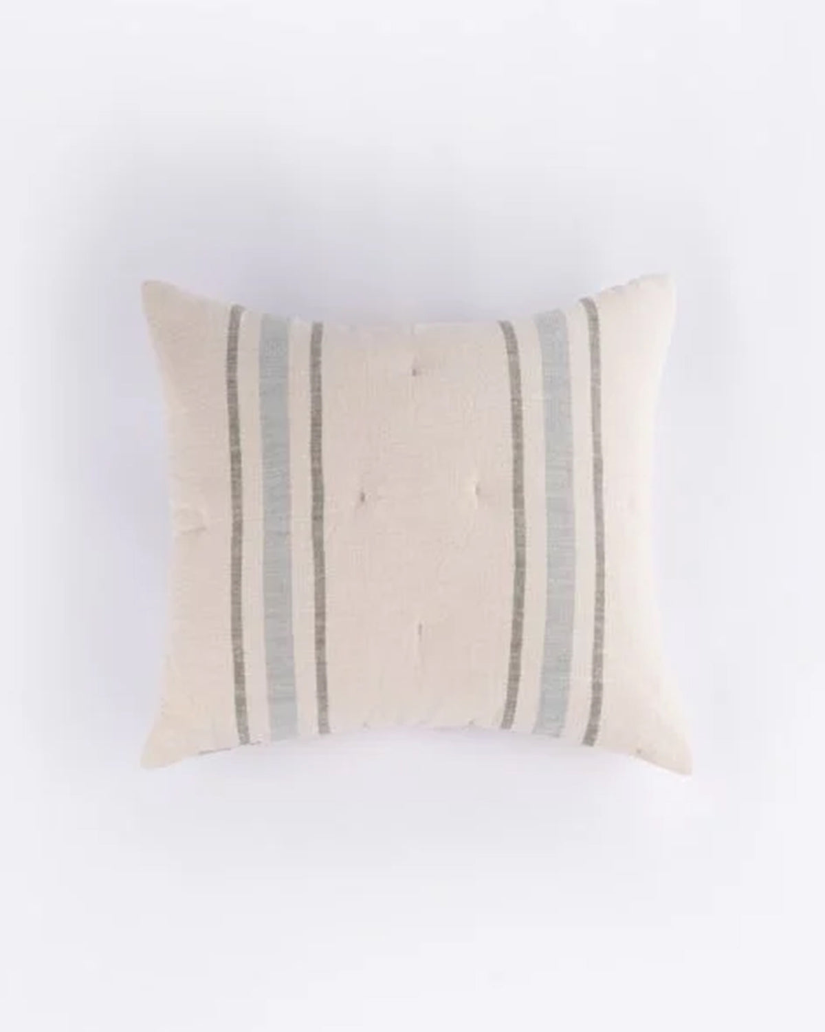 The Amity Home Collins Euro Sham is a rectangular beige pillow in textured cotton velvet with vertical ochre and steel blue stripes, shown from above against a plain white background.