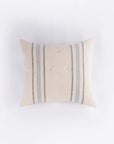 The Amity Home Collins Euro Sham is a rectangular beige pillow in textured cotton velvet with vertical ochre and steel blue stripes, shown from above against a plain white background.