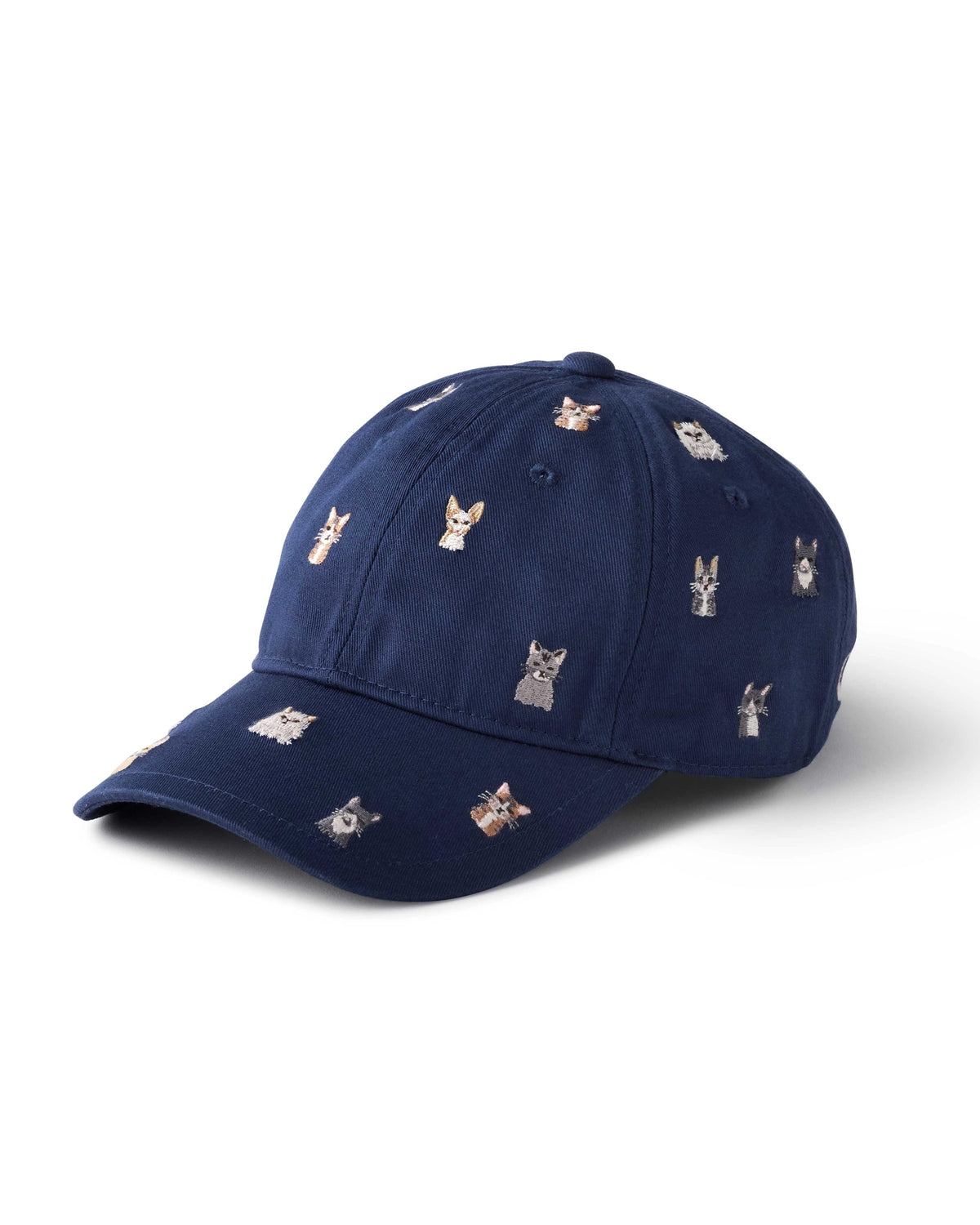 Navy blue baseball cap with small embroidered cat faces, adjustable strap; Cool Cats by Faire.