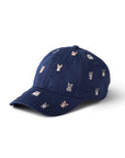 Navy blue baseball cap with small embroidered cat faces, adjustable strap; Cool Cats by Faire.