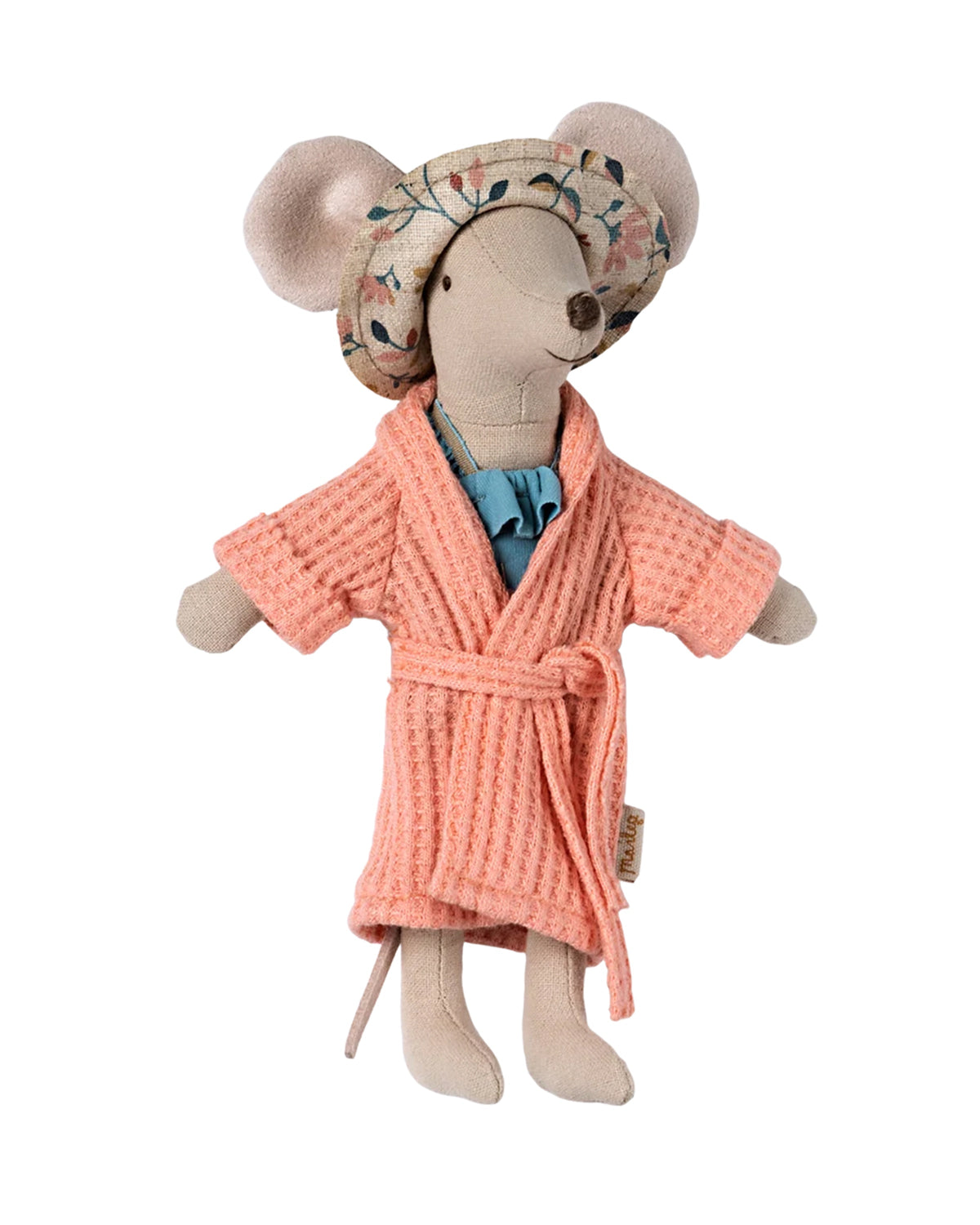 Maileg plush in coral bathrobe with blue bow and floral hat, by Maileg, perfect for kids’ room or playtime.