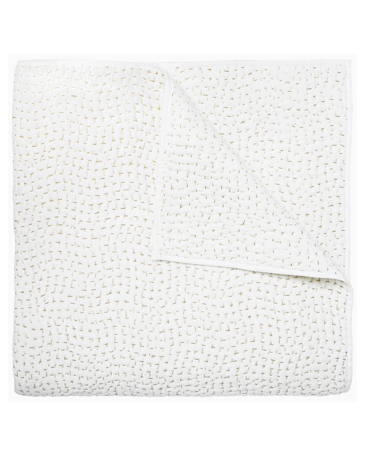 The John Robshaw Hand Stitched Coverlet Queen features a white, organic cotton design with subtle stitched details and is reversible, shown neatly folded with one corner turned down to display stitching on both sides.
