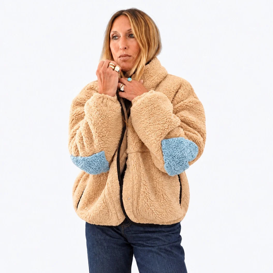 Tan sherpa fleece jacket by Kerri Rosenthal featuring a high collar and Imperfect Heart elbow patches.
