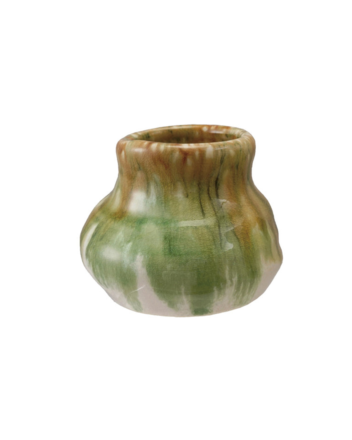 The Crackle Glaze Vase by Creative Co-op features a small, round ceramic design with a wide body, narrow opening, and marbled green, brown, and white tones on a white background.