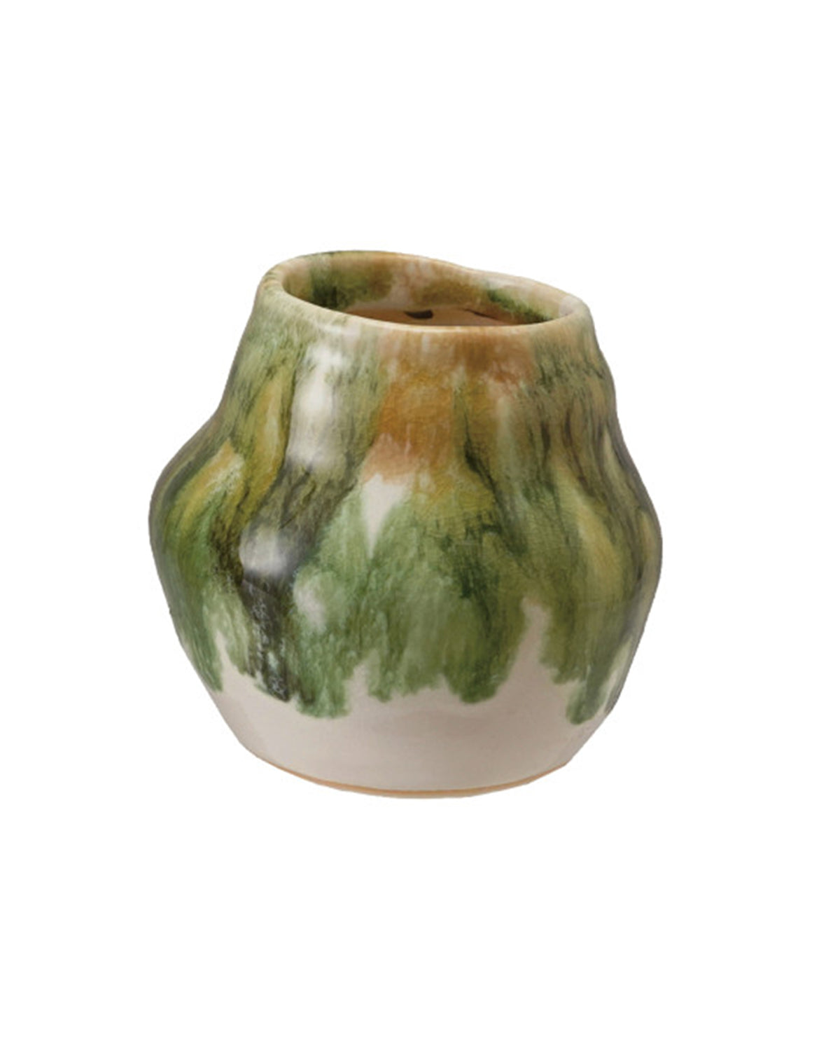 The Creative Co-op Crackle Glaze Vase features an organic, rounded ceramic shape with a narrow opening and reactive green, brown, and cream crackle drip glaze for a natural, earthy look.