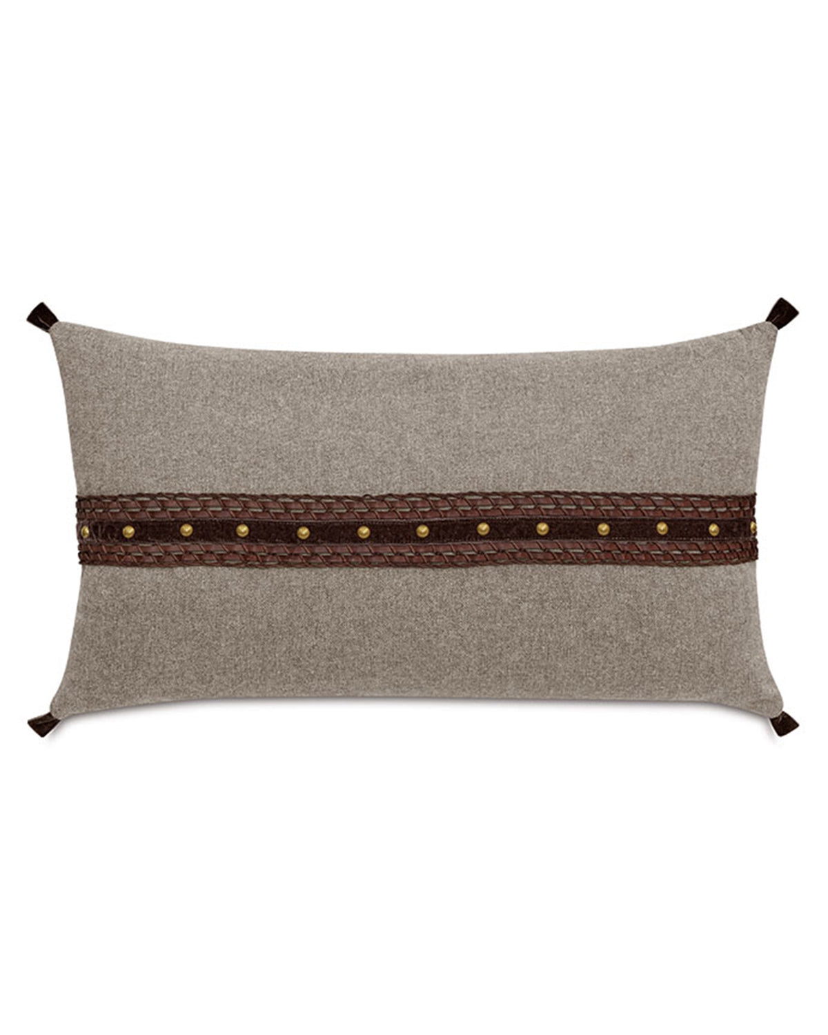 Beige pillow with brown leather strip, brass studs, and corner ties by Eastern Accents, Cristobal collection.