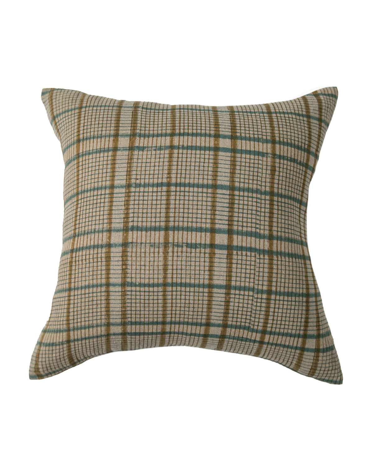 The CROSSROADS TEAL ON NATURAL 24X24 pillow by Filling Spaces LLC features a soft, slightly woven linen base in beige, accented with teal plaid lines in a crossroad design for a modern look.