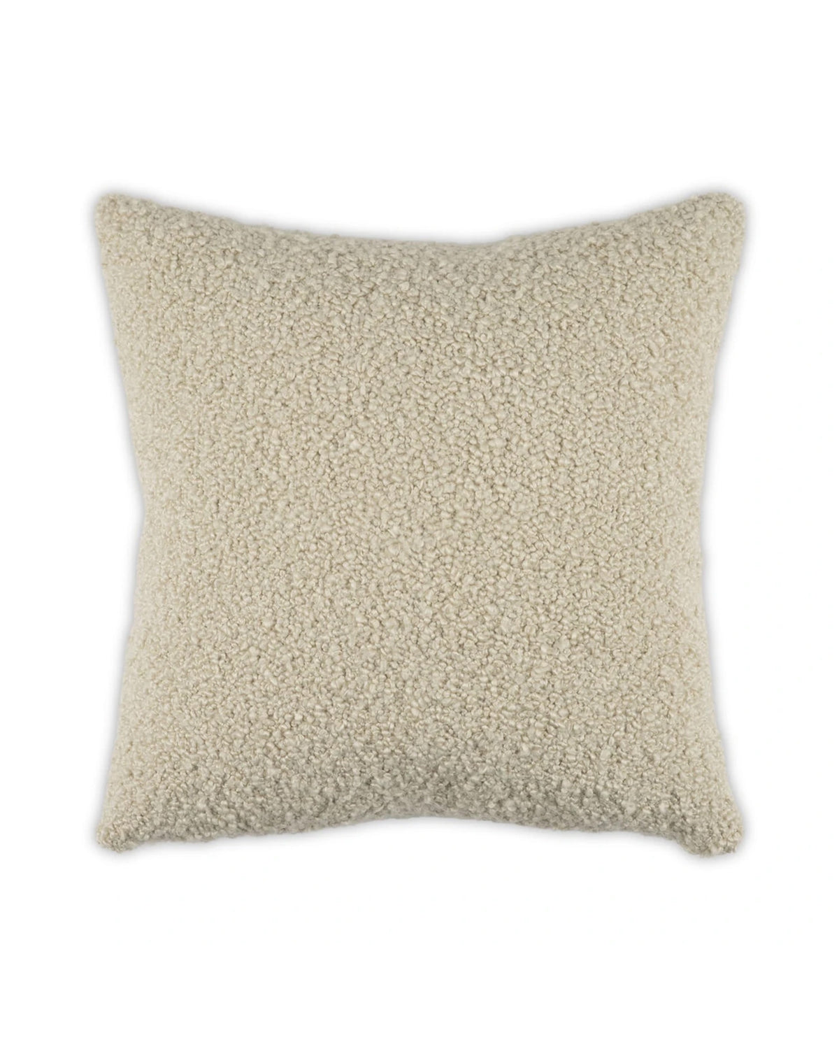 Square cream boucle pillow with knife edge, by Moss Studio; Curl Up Pillow style, textured fabric, insert included.