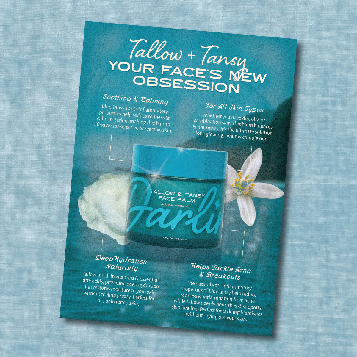 A flyer for Faire Tallow Face Balm | Natural Blue Tansy Skincare Moisturizer shows a blue jar next to a white flower, with text highlighting soothing hydration for all skin types using grass-fed tallow on a blue textured background.