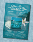 A flyer for Faire Tallow Face Balm | Natural Blue Tansy Skincare Moisturizer shows a blue jar next to a white flower, with text highlighting soothing hydration for all skin types using grass-fed tallow on a blue textured background.
