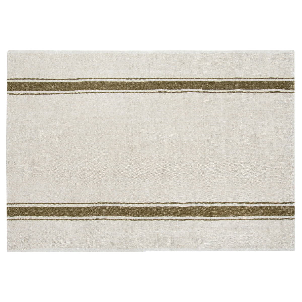 The Faire CH Tea Towels S/2 feature a rectangular beige design with two parallel olive green stripes near the top and bottom edges, inspired by the minimalistic charm of French country tea towels.