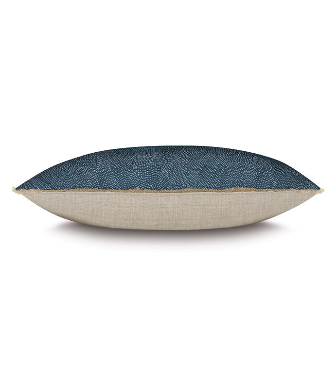 Daleyza Brush Fringe Pillow 15x26 with abstract denim pattern, beige underside, and bohemian fringe by Bungalow Furniture.