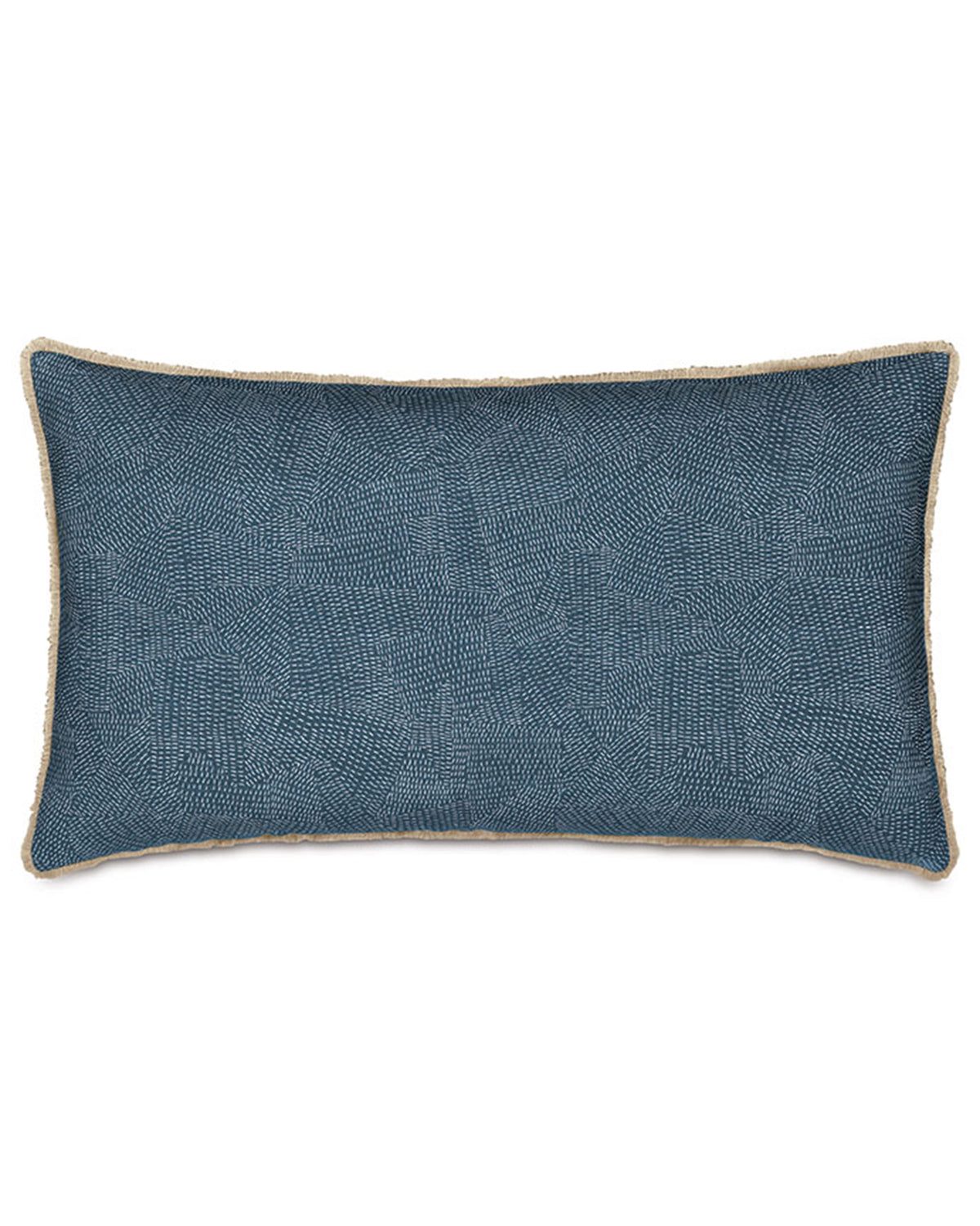Daleyza rectangular blue brush fringe pillow, 15x26, featuring a textured dash pattern and tan trim.