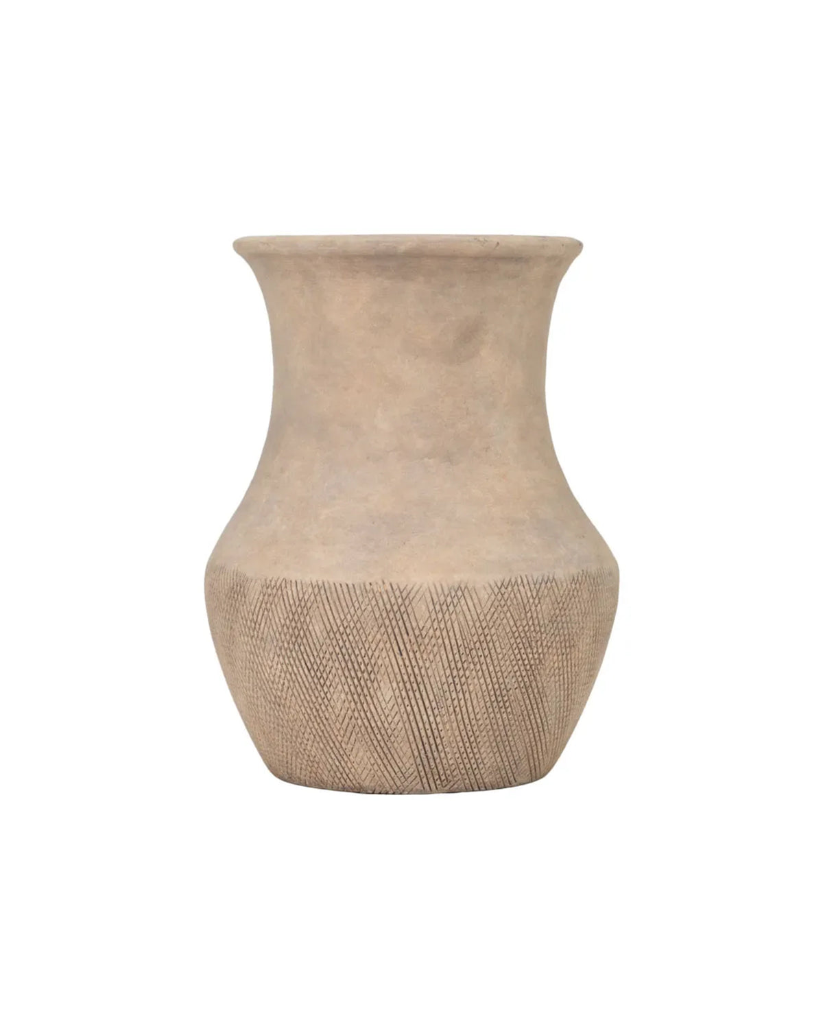 The Dalona Short Vase by The Import Collection is a beige, textured ceramic vase with a wide neck, rounded body, and subtle crisscross pattern around the lower half. This modern piece adds understated elegance to any decorative vase collection. Background is plain white.