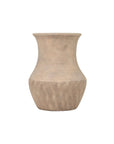 The Dalona Short Vase by The Import Collection is a beige, textured ceramic vase with a wide neck, rounded body, and subtle crisscross pattern around the lower half. This modern piece adds understated elegance to any decorative vase collection. Background is plain white.