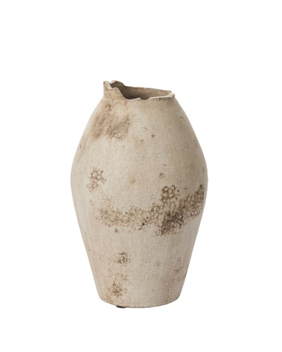 Beige Danez vase with a weathered finish, brown stains, and chipped rim by Accent Decor on white background.