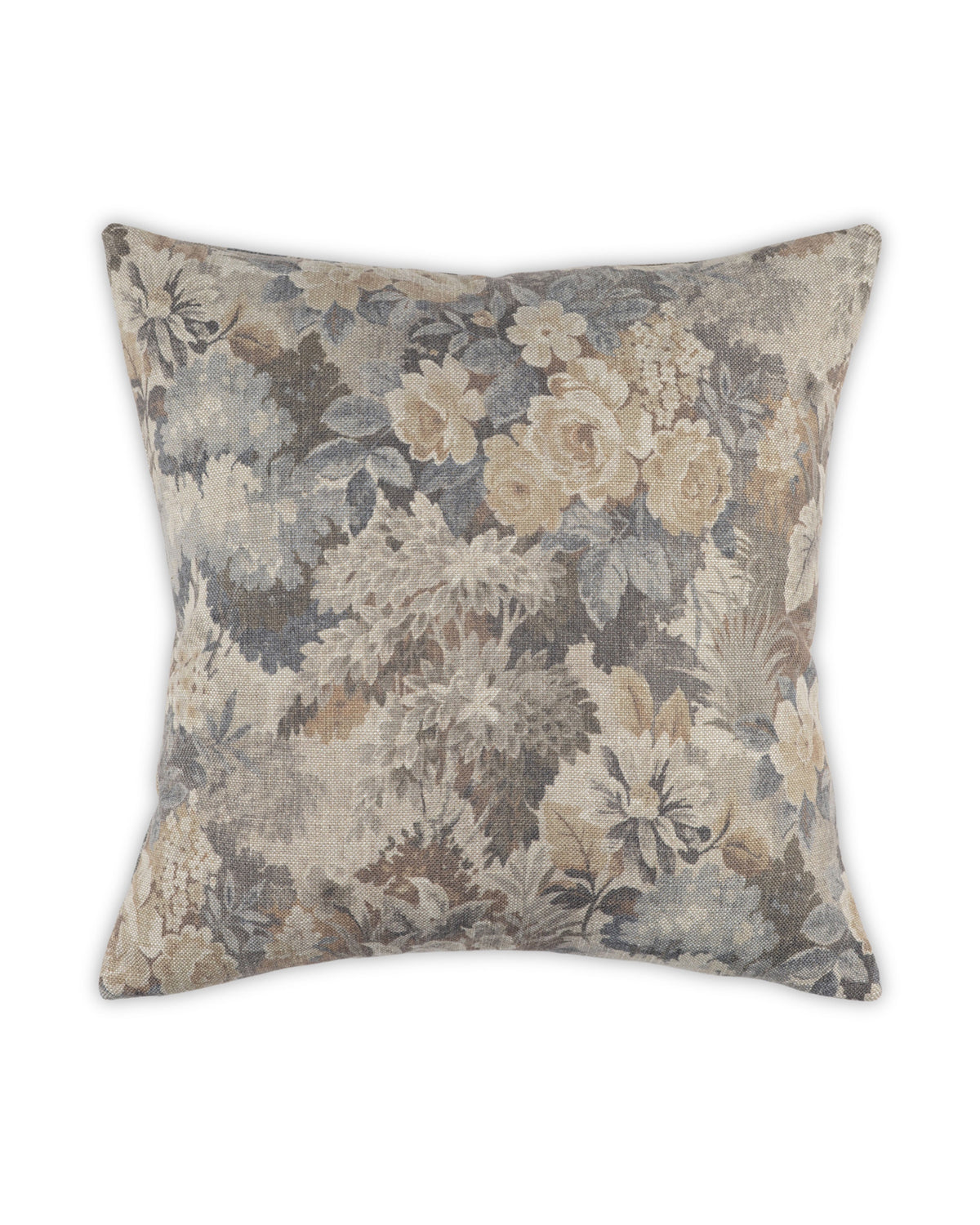 The Moss Studio Daphne Pillow features a square linen-look design with vintage-inspired blue, beige, and gray floral patterns on a crisp white background, adding classic elegance to any space.
