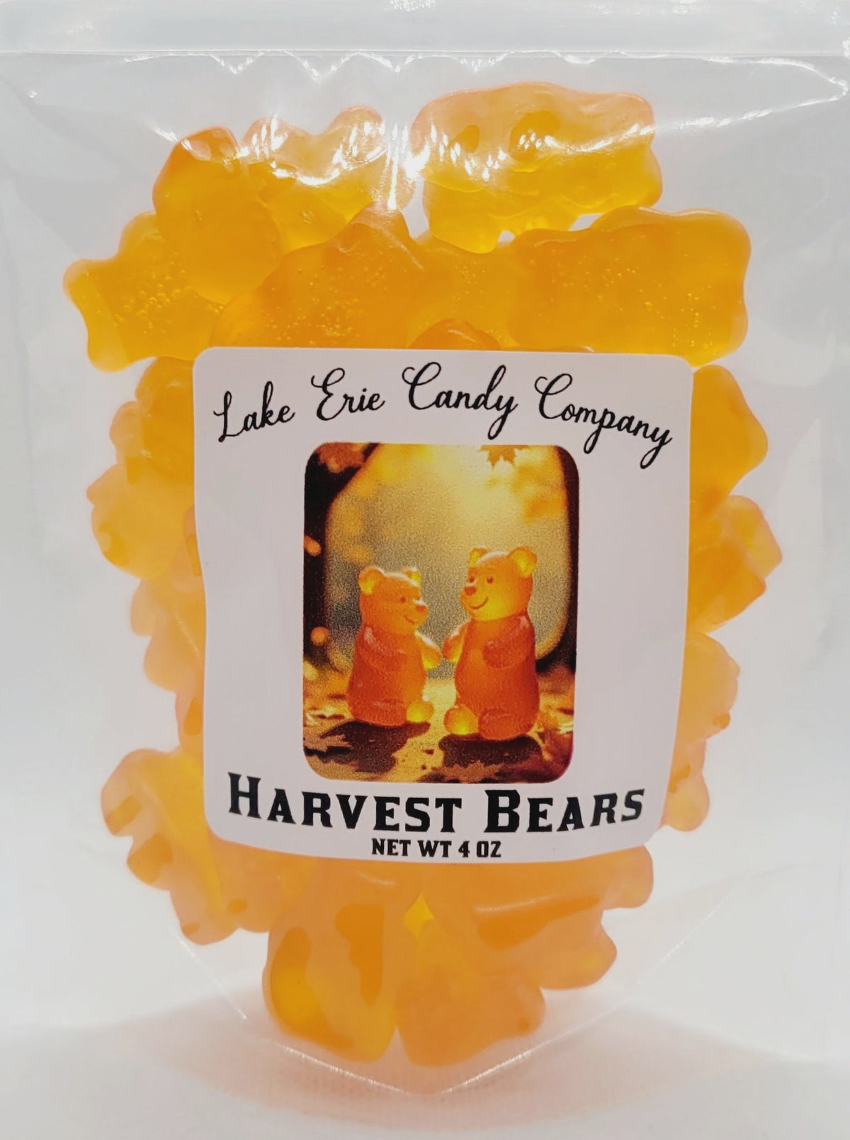 Citrusy orange Faire Harvest Bears in a clear plastic bag.