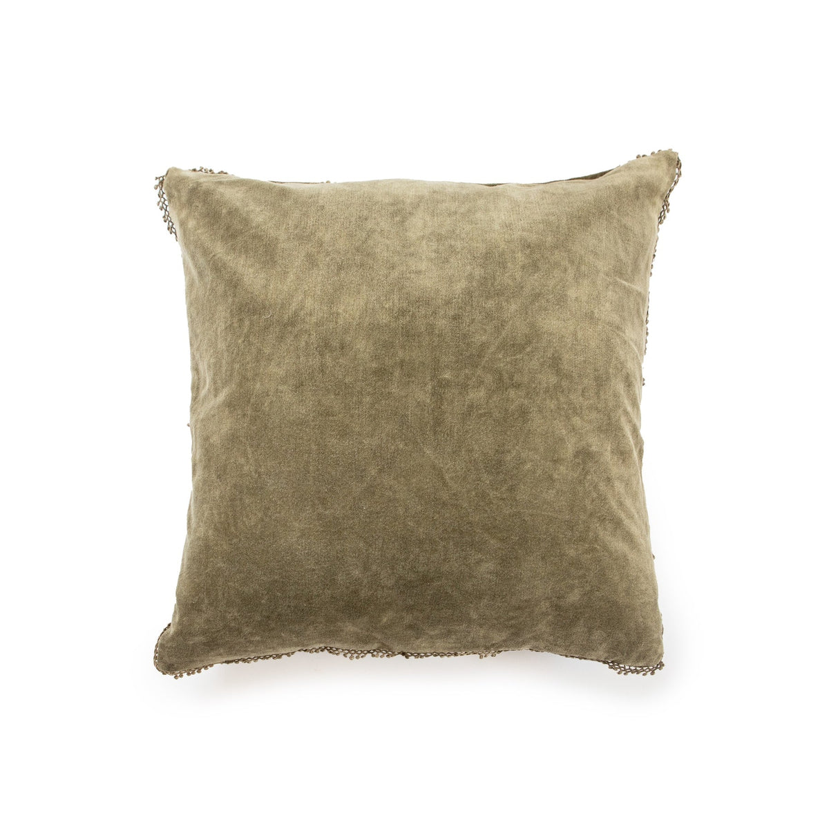 The Velvet Pillow W/ Poms by Sugarboo Designs features a square olive green velvet cover with decorative pom trim, displayed against a white background—ideal for mixing with other colorful throw pillows.