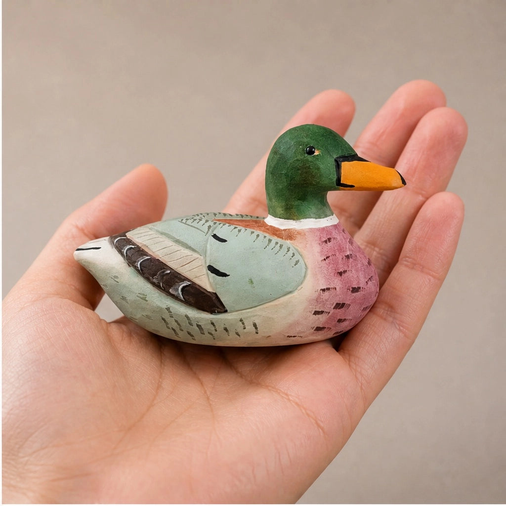 Pink hand-painted carved basswood duck by Faire held in hand, perfect rustic accent for Bungalow Furniture & Accessories.
