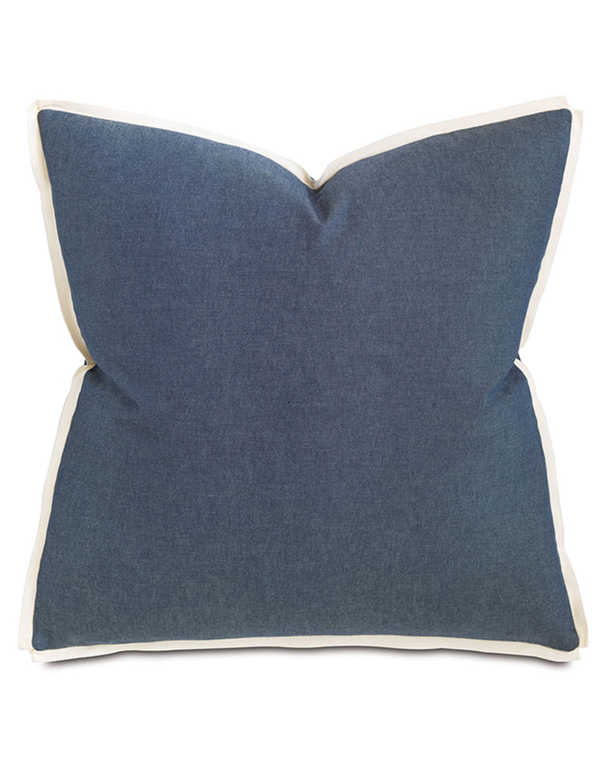 The Strauss Denim pillow by Eastern Accents features a square blue design with subtle texture, white border, and classic ribbon flange. Includes pillow insert. Shown on a plain white background.