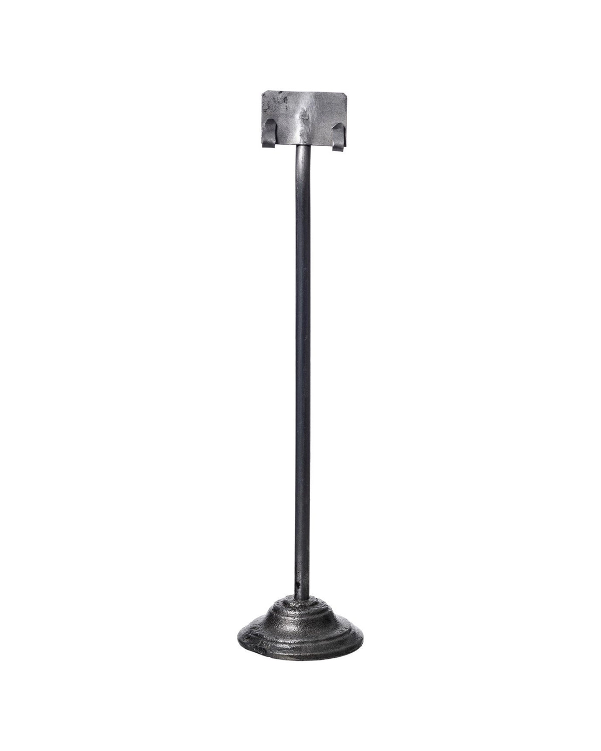 The Faire Desk Card Holder features a metal stand with a round base, vertical rod, and rectangular bracket—perfect for displaying cards or place cards. Isolated against a white background.
