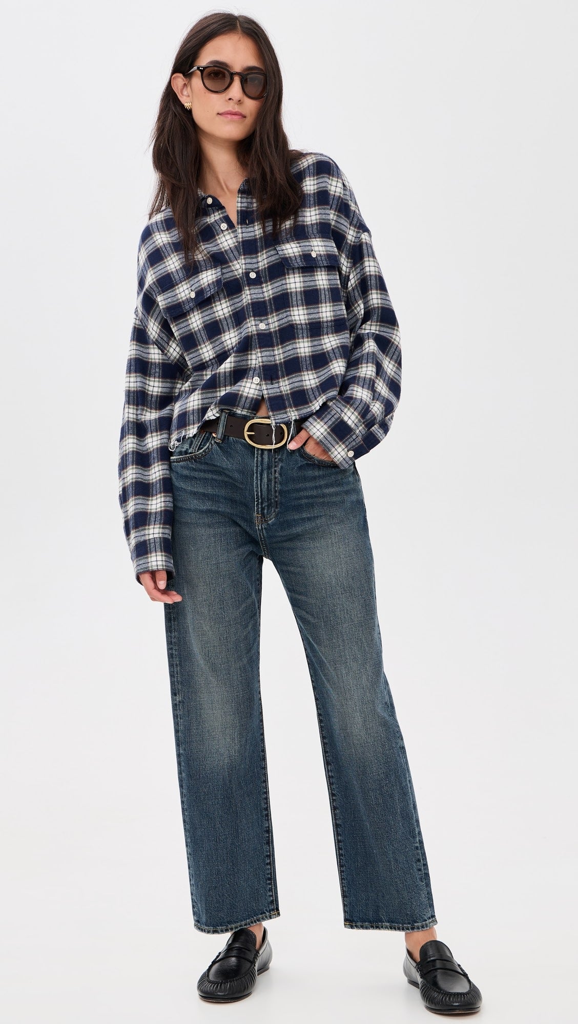 Denimist cropped work shirt styled with wide-leg jeans and loafers, modern casual look against white background.