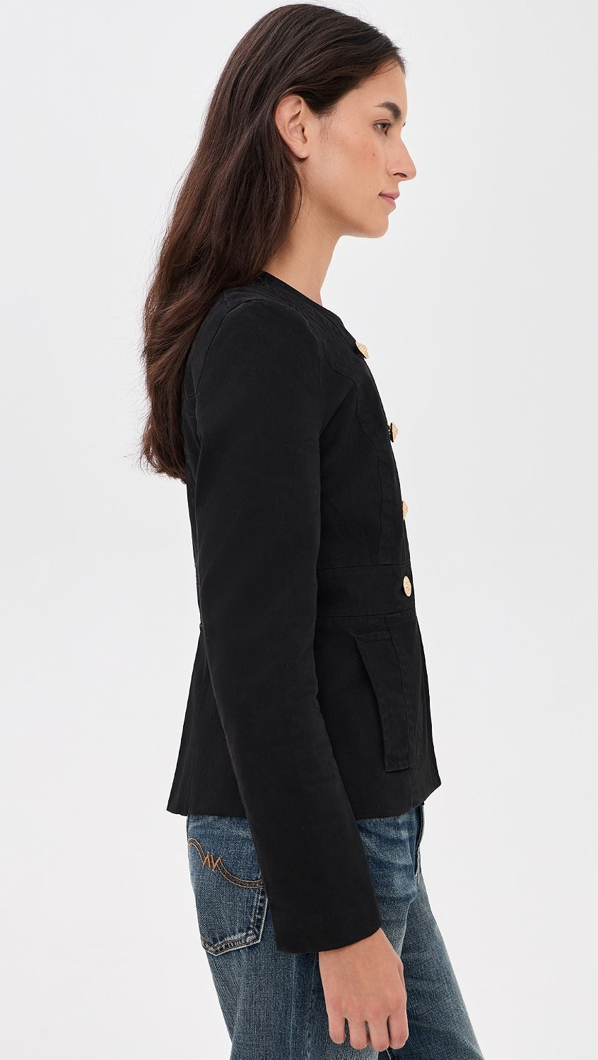 Denimist SHRUNKEN OFFICER JACKET in blue denim, styled with jeans, shown in profile on a white background.