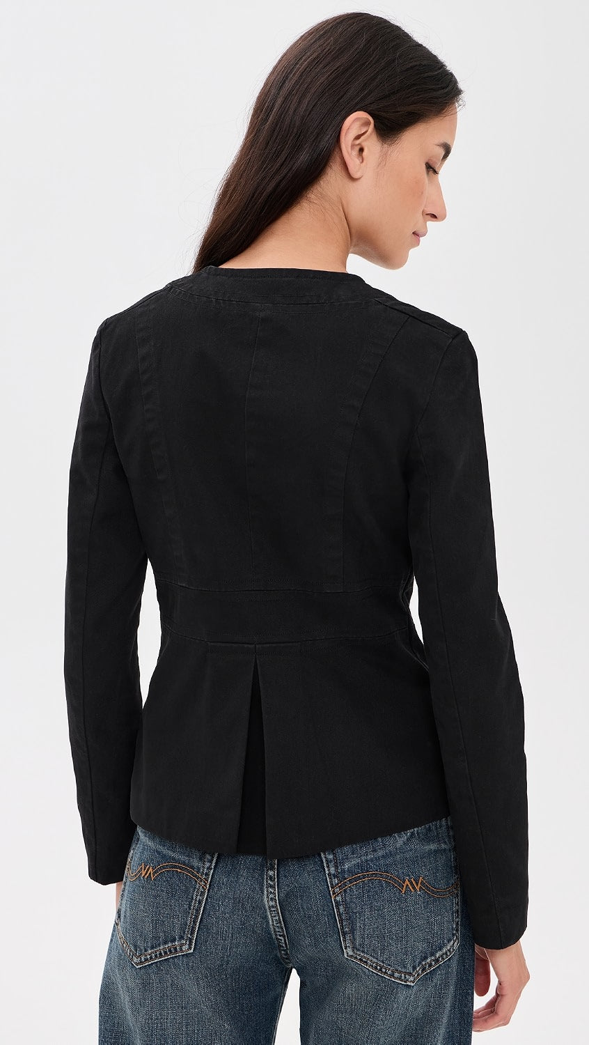 Denimist Shrunken Officer Jacket in blue denim, shown from the back with model wearing blue jeans.