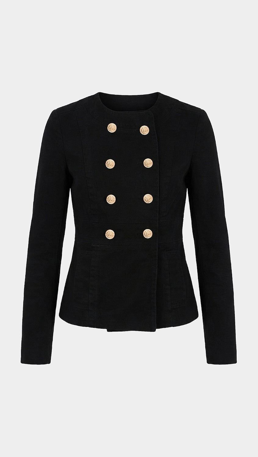 Black fitted officer jacket with gold double-breasted buttons by Denimist on a white background.