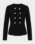 Black fitted officer jacket with gold double-breasted buttons by Denimist on a white background.