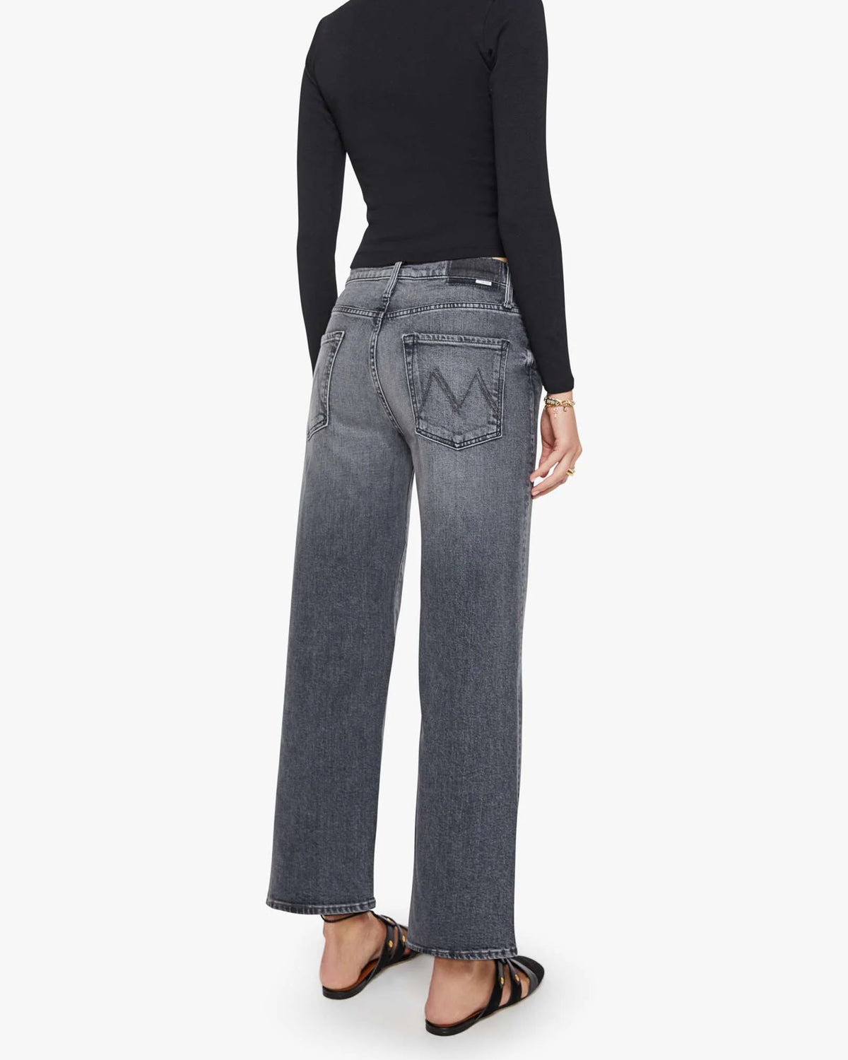 Gray wide-leg Mother’s The Dodger Flood jeans styled with black top and sandals, back view.