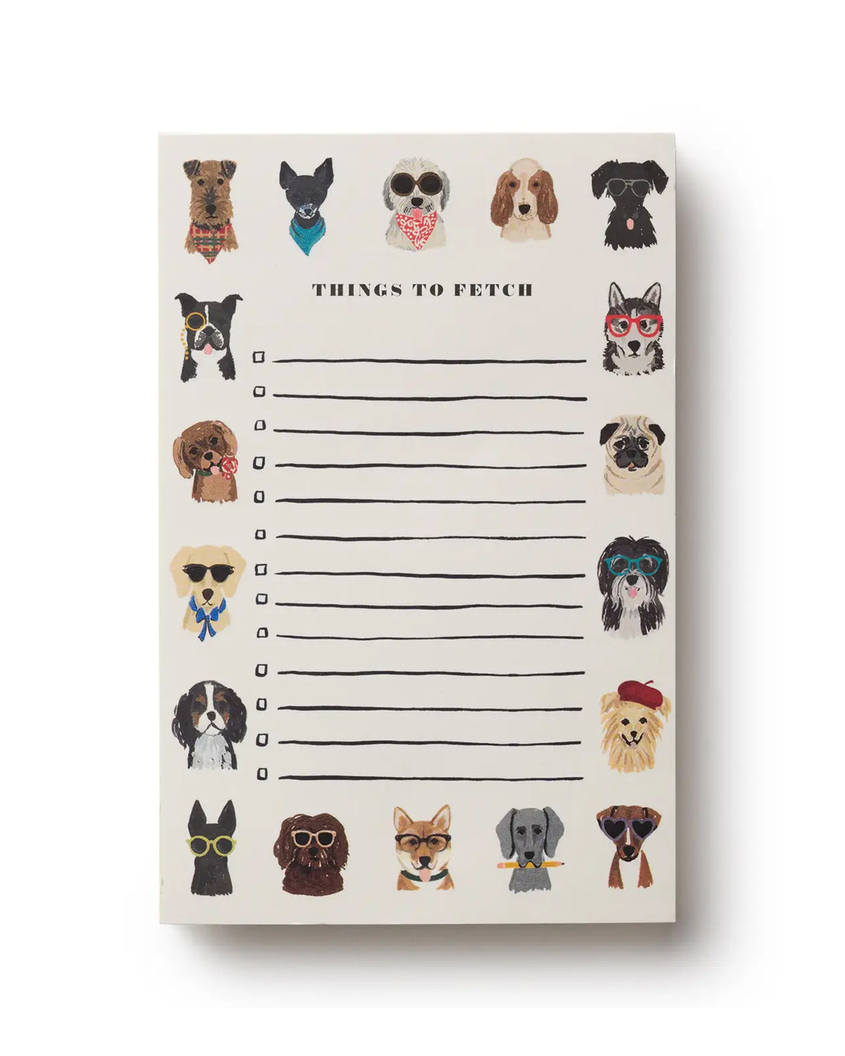 The Dog Days Notepad by Faire features tear-off sheets with lines and checkboxes, bordered by quirky dogs in glasses, scarves, and hats—adding charm to your daily to-do lists.