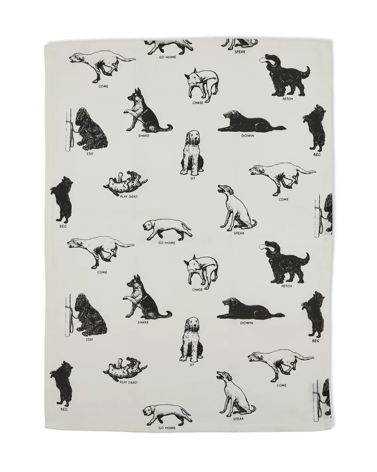 Cotton tea towel with black dog illustrations from Fishes Eddy, 20x28 inches, machine washable.