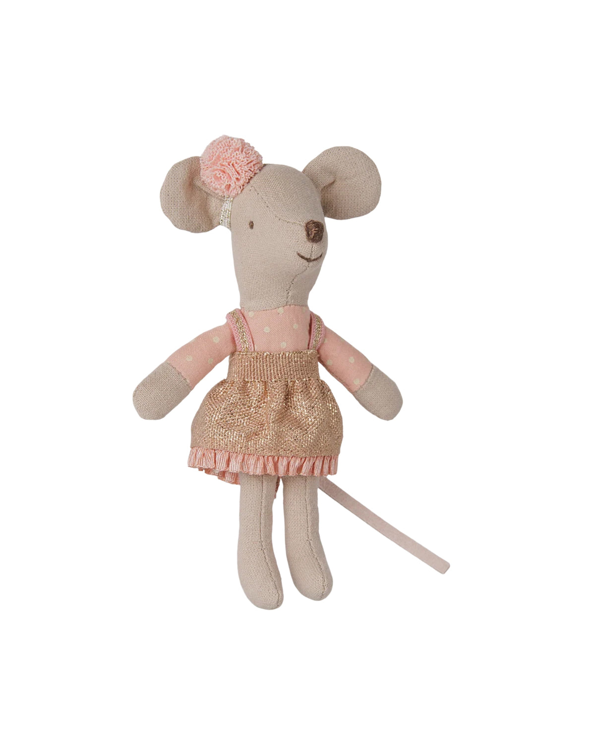 Maileg Little Sister mouse wearing a pink polka-dot glitter dress and pom-pom hair accessory.