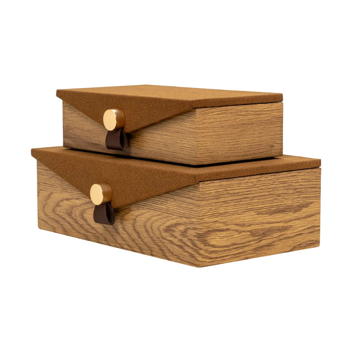 Two stacked Harriett Box wood grain storage boxes with brown fabric lids and gold button closures by Bungalow.