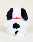 The Warmies/Intelex Snoopy / Red Collar Warmies is a microwavable plush dog with white fur, black ears, a red collar, and black spots, shown from the back on a plain light background for enhanced sensory comfort.