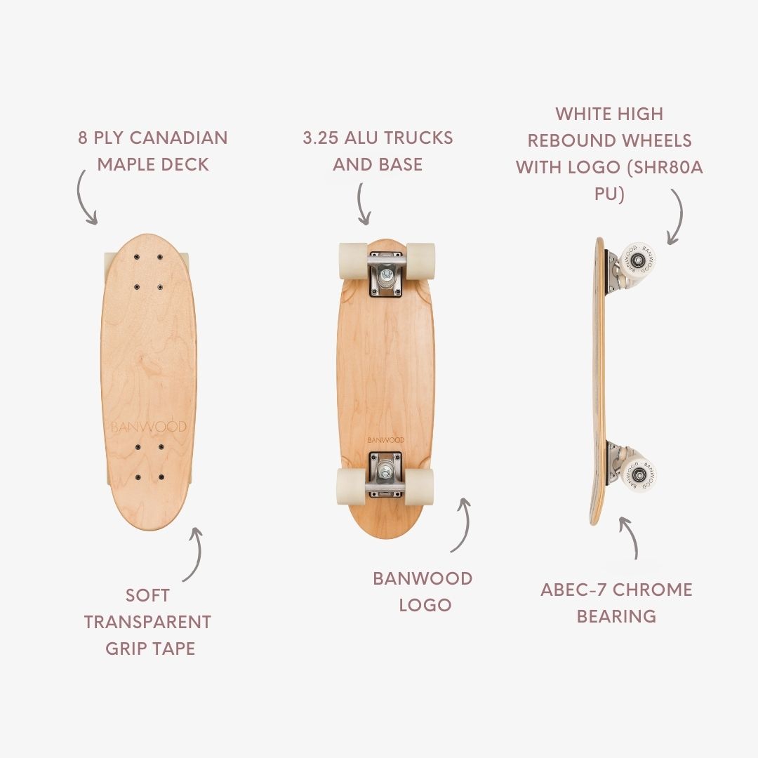 Three views of the Faire BANWOOD SKATEBOARD - NATURE cruiser board show labeled features: 8-ply Canadian maple deck, soft transparent grip tape, 3.25" aluminum trucks, Banwood logo, white high rebound wheels, and ABEC-7 chrome bearings.