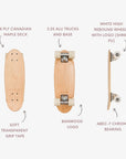 Three views of the Faire BANWOOD SKATEBOARD - NATURE cruiser board show labeled features: 8-ply Canadian maple deck, soft transparent grip tape, 3.25" aluminum trucks, Banwood logo, white high rebound wheels, and ABEC-7 chrome bearings.